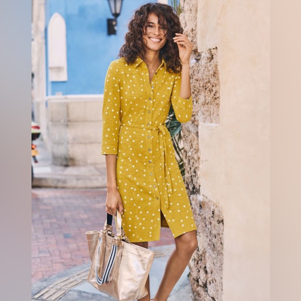 Boden Yellow Polka Dot Shirt Midi Dress
